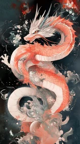 Storm-touched koi dragon coils through ink-washed clouds.
