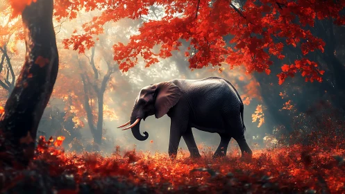 Elephant walking through red autumn forest at sunrise.
