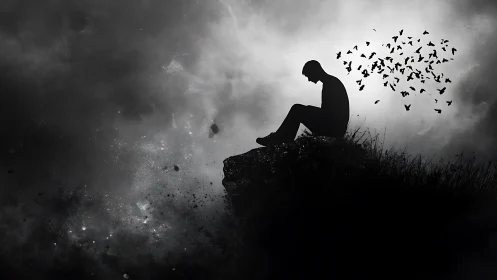 Silhouette on cliff with dissolving birds in stormy void.