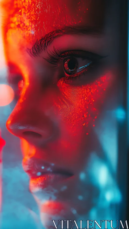 Neon-lit facial close-up explores chromatic contrast and texture