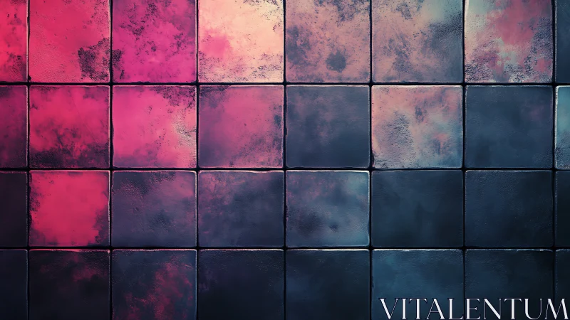 Digital painting tiled grid in neon magenta and cyan patina.