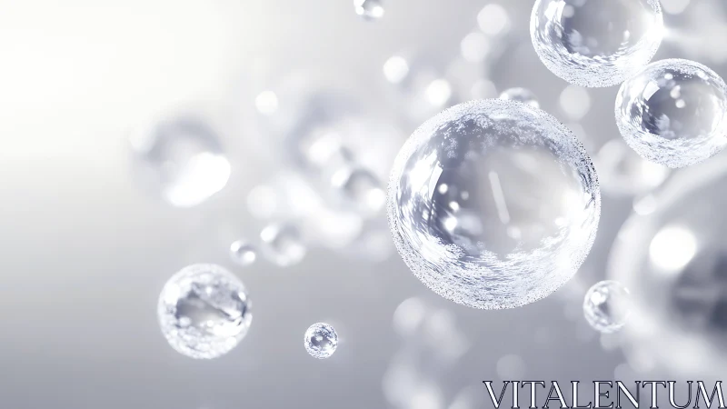Glittering transparent bubbles float through soft white space
