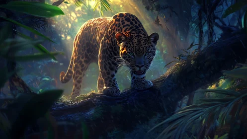 Spotted leopard traversing forest floor with dappled light.