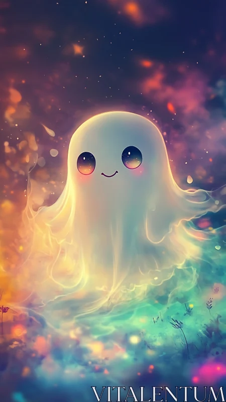 Gentle glowing ghost drifts happily through a dreamy night