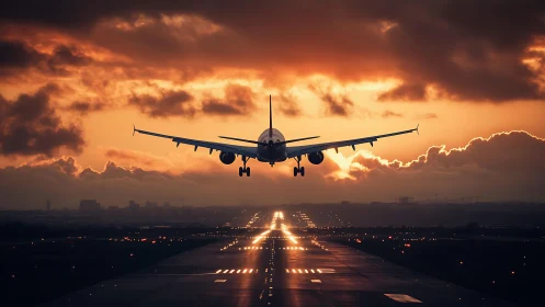 Passenger jet descends onto glowing runway at dramatic sunset
