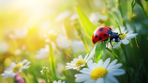 Macro study of ladybug on daisy under shallow depth of field light