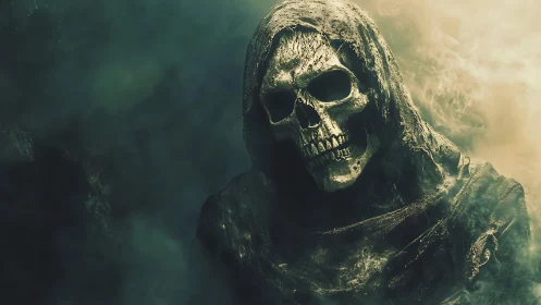 Hooded skeletal figure in dense green and golden fog.