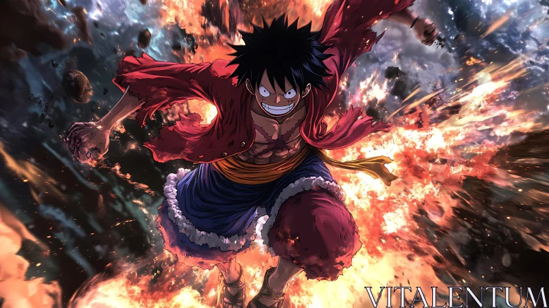 Anime fighter charging through explosive fiery chaos.