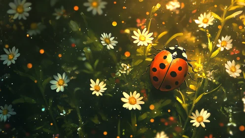 Macro ladybug on daisies rendered in luminous digital bokeh
