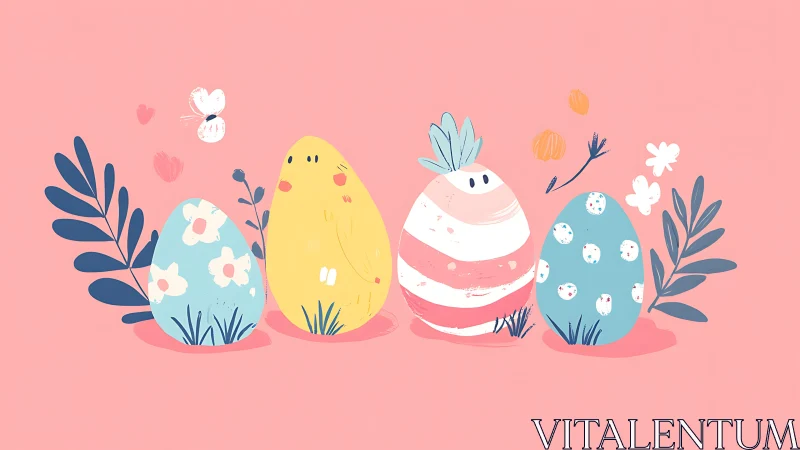 Pastel Easter eggs and chick stand against soft pink background