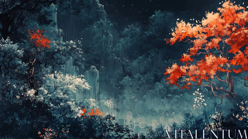 Bioluminescent valley contrasts crimson canopy in atmospheric dusk