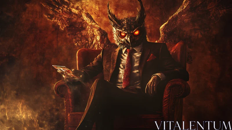 Demonic owl-headed businessman sits enthroned in fiery chiaroscuro