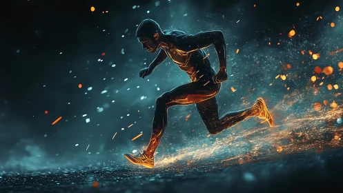 Runner sprints through glowing particles in dramatic motion