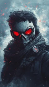 Mysterious skull-faced warrior with glowing red eyes stands strong.