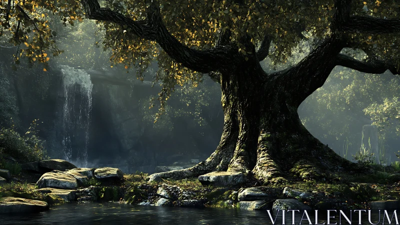 Ancient tree grows beside waterfall in misty forest valley