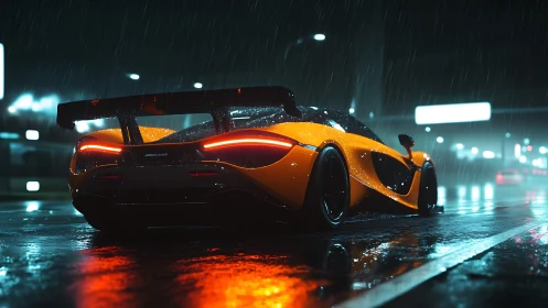 Midnight rain run with a glowing orange supercar dream.