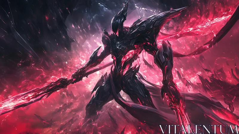 Armored alien warrior stands in red energy storm