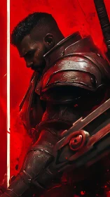 Armored warrior profile with sword in red illuminated field.
