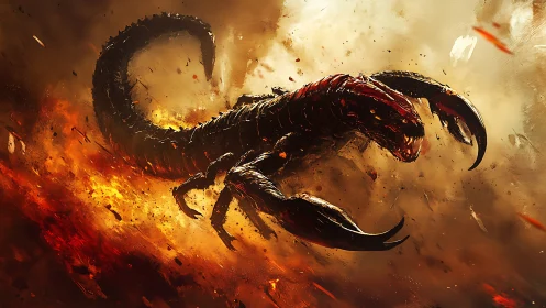 Inferno scorpion lunges through storming fire and ash.