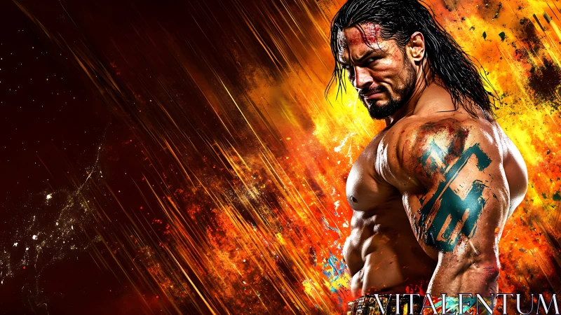 Muscular warrior in dynamic fiery abstract digital composition