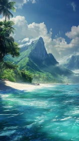 Tropical Volcanic Peak with Sandy Shoreline and Verdant Vegetation.