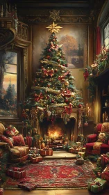 Firelit Christmas parlor hums softly beneath a storybook tree