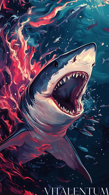 Ferocious digital shark amid swirling abstract currents.