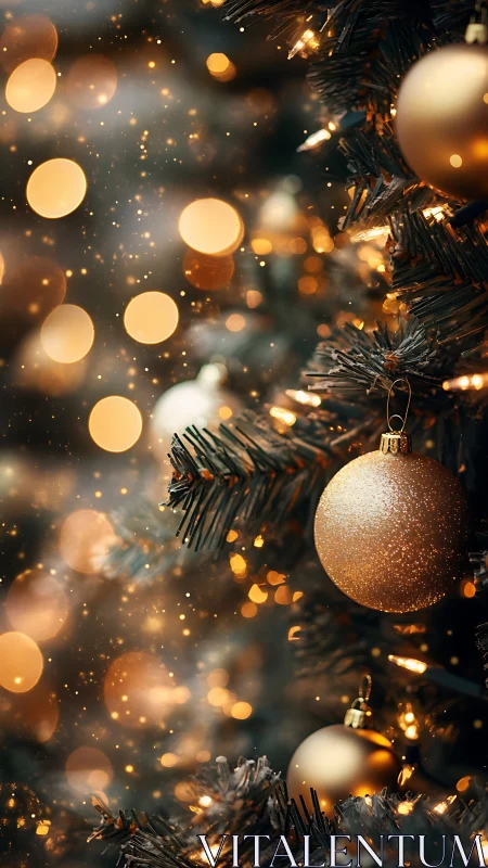 Golden baubles hang on a lit Christmas tree branch