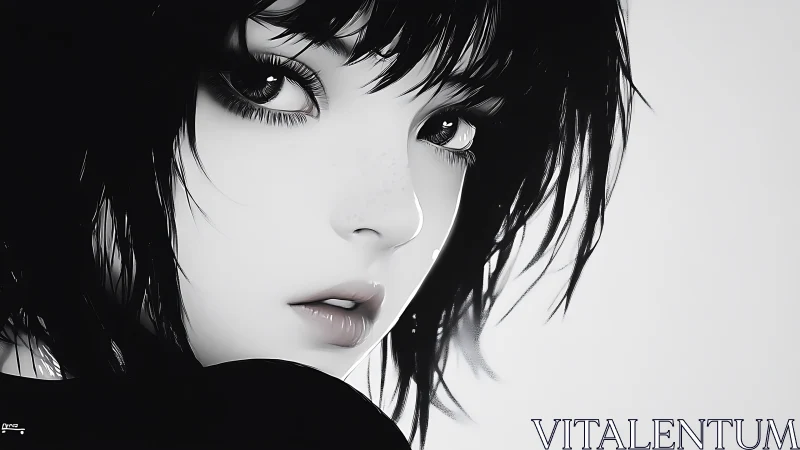 Monochrome gaze of a freckled girl in inky near-silence.