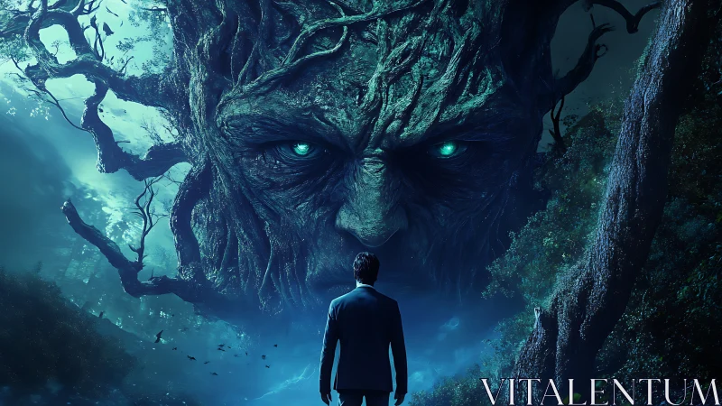 Man confronts giant glowing-eyed tree face in dense forest