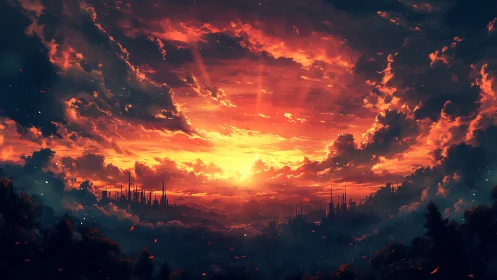 Epic crimson sunset above distant fantasy citadel skyline.