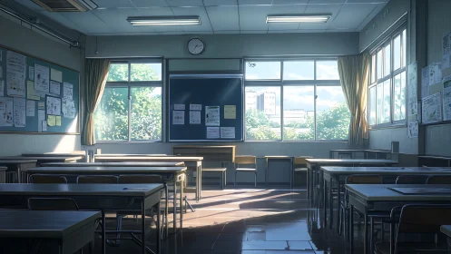 Sunlit empty classroom with desks and large windows.