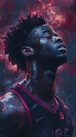 Sweat‑lit basketball portrait burns against stormy neon clouds