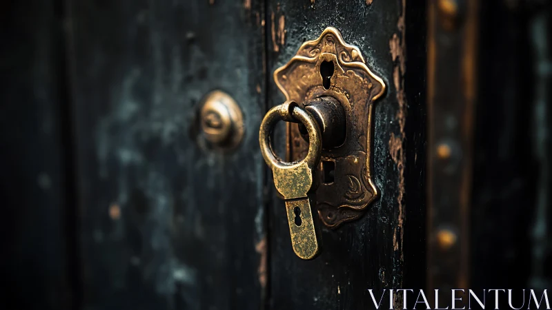 Vintage brass key in ornate lock on weathered wooden door.