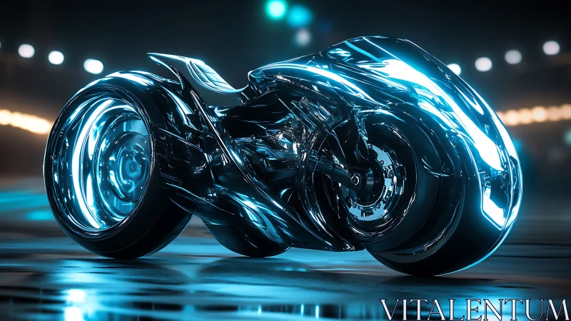Futuristic neon-lit motorcycle with sleek reflective body.