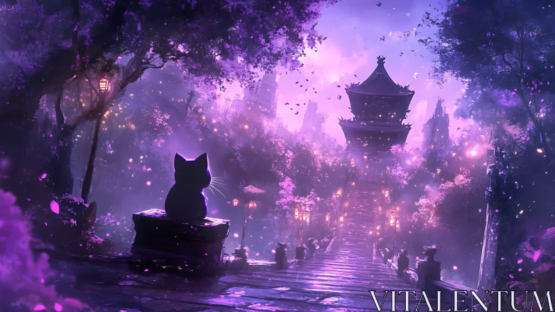 Midnight cat sentinel over violet temple stairway.