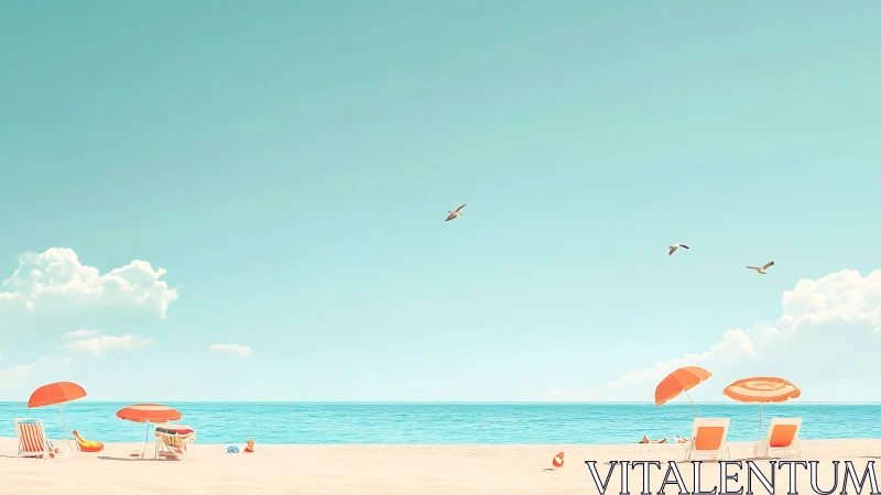 Minimalist pastel beach scene with umbrellas and chairs.