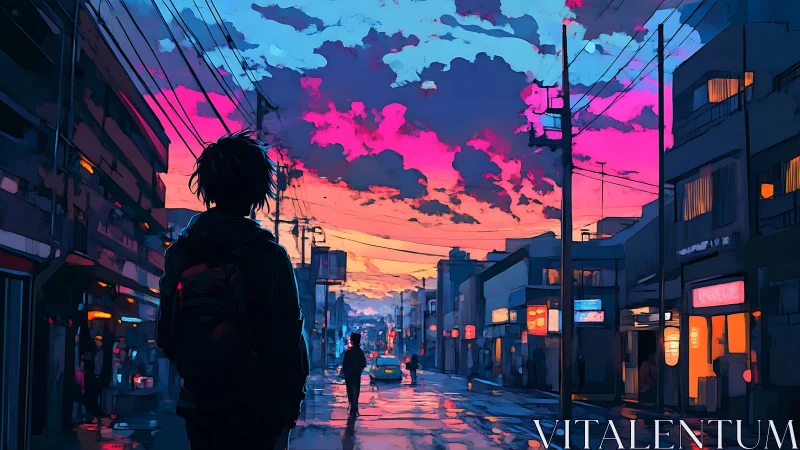 Urban street scene with silhouetted figure at sunset twilight.