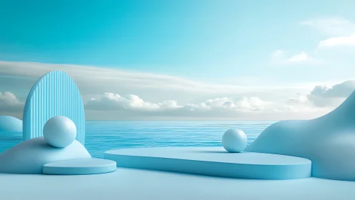 Minimalist blue seascape blends abstract forms and calm water.