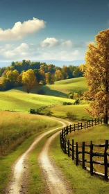 Curving dirt road cuts through sunlit rolling farmland hills