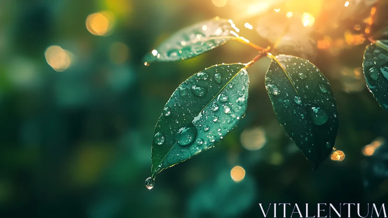 Macro optical study of dew-laden foliage in warm bokeh light.