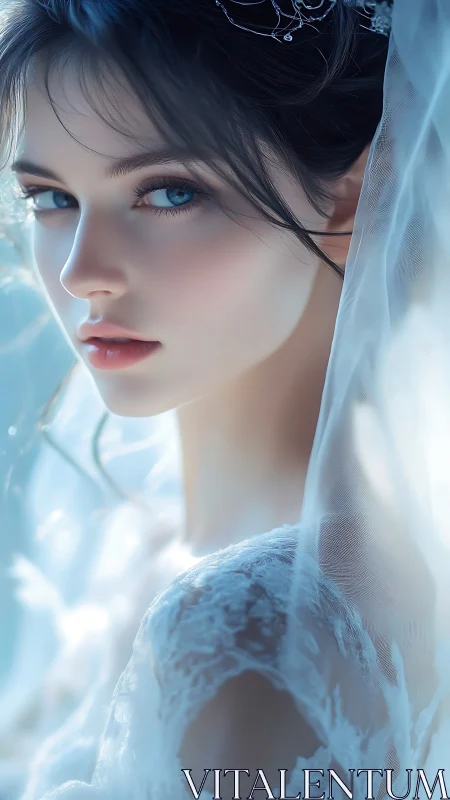 Bridal portrait in soft blue light with lace veil focus.
