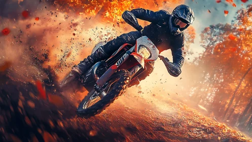 Dynamic dirt bike rider in autumn forest, digital painting.