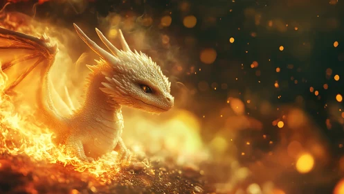 Fiery dragon hatchling emerging amid molten embers.