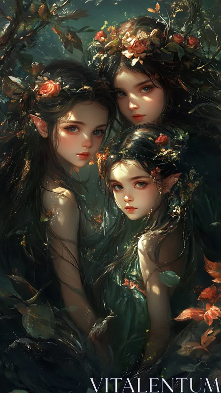 Three elf girls stand close together in dense forest light