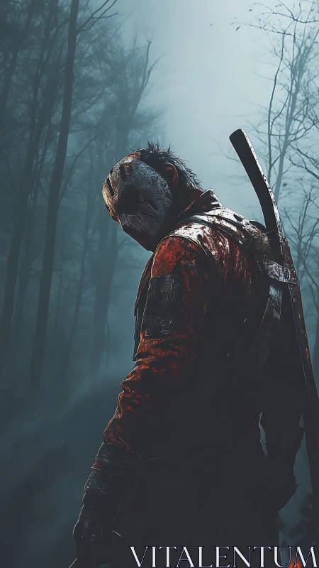 Masked figure with axe in misty forest environment at dusk.
