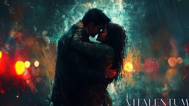 Solitary Embrace Beneath Urban Rainfall. Digital rendering of intimate connection against cybernetic