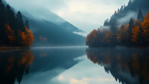 Mist-draped autumn lake cradled by twin shadowed forests.