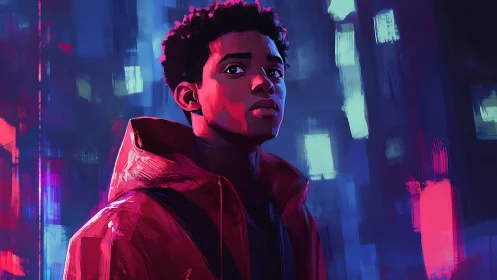 Urban youth portrait under neon city lights at night.