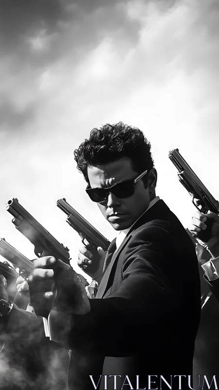 Suit-clad gunman stands defiant amid swirling gunsmoke and threat